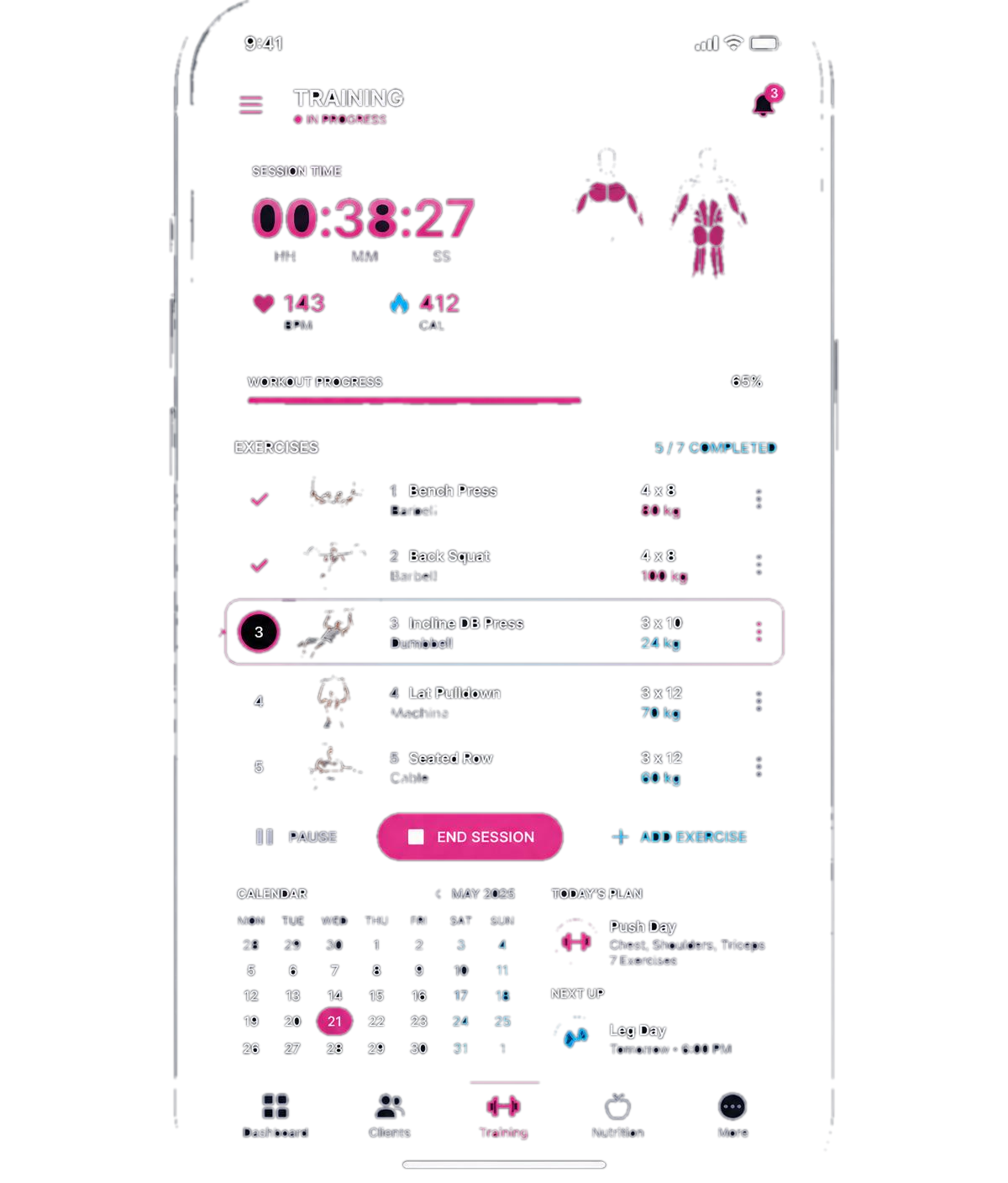 Gymnaly training session with live stopwatch, exercises and calendar