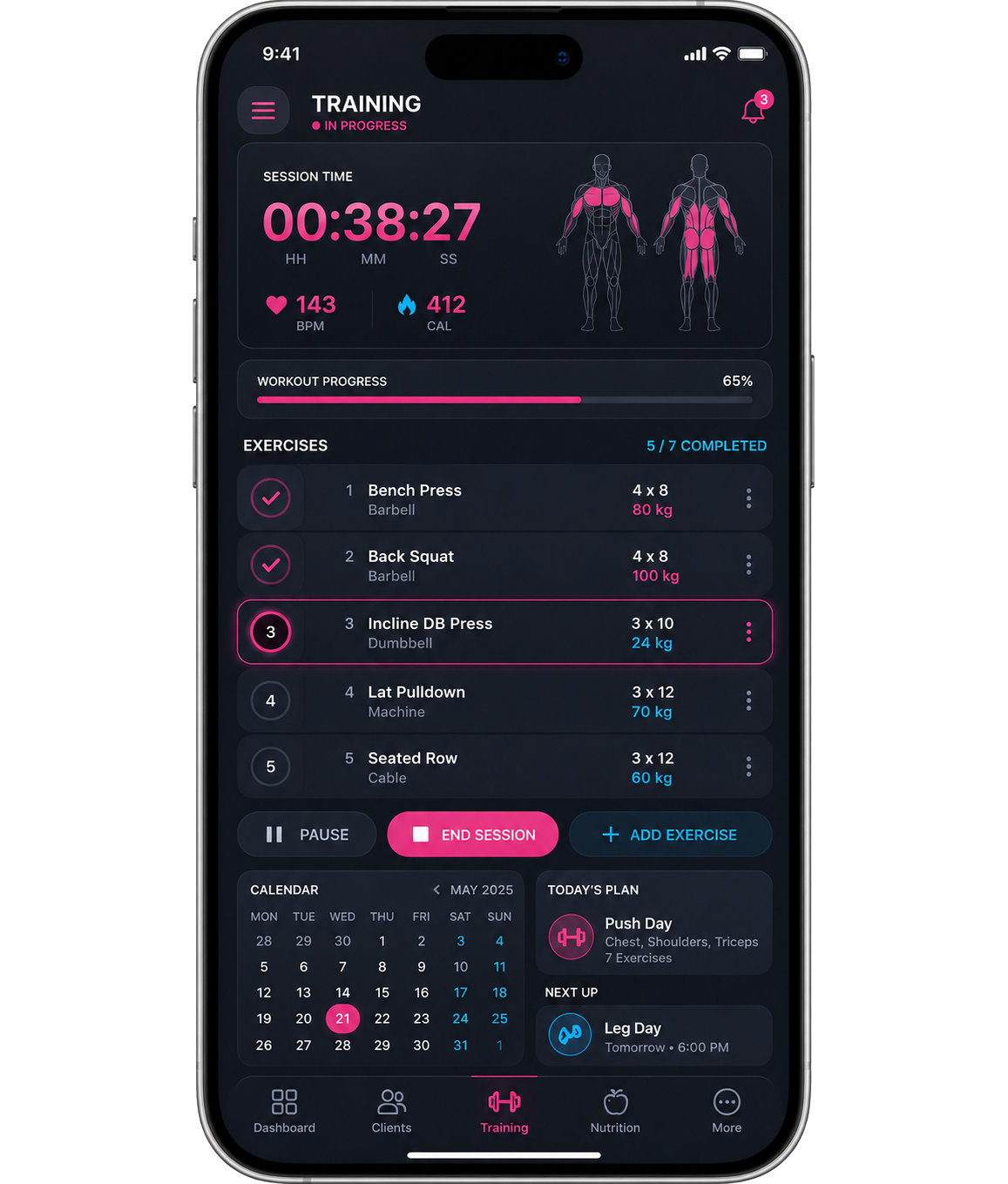 Gymnaly training session with live stopwatch, exercises and calendar